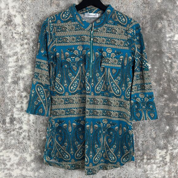 Ninedaily Womens Size S Floral Stretch 1/4 Zip Top Blue Roll Tab Sleeve - Picture 1 of 11